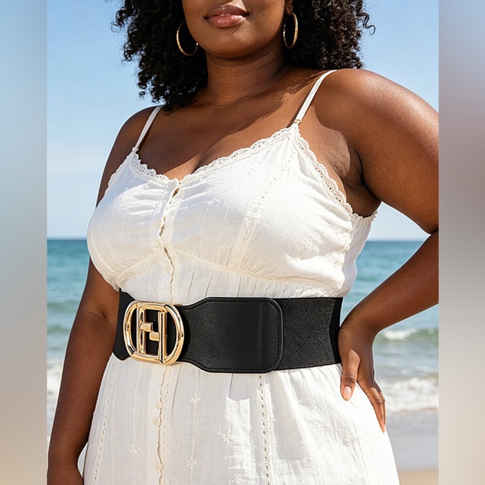 Plus Size Black Vegan Leather & Gold Metal Buckle Elastic Statement Belt